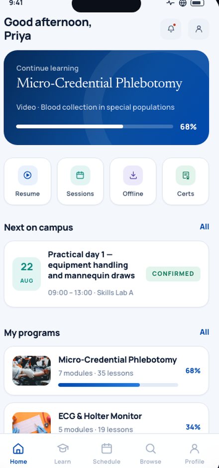Hybrid Learning Platform for a Healthcare Training Academy mobile screen
