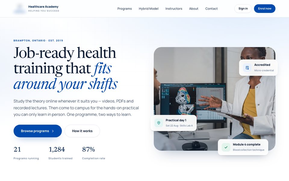 Hybrid Learning Platform for a Healthcare Training Academy web screen