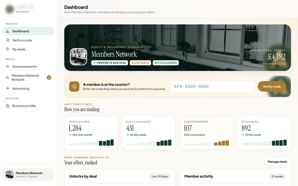 Members-Only Business Directory with Deal-Code Redemption web screen