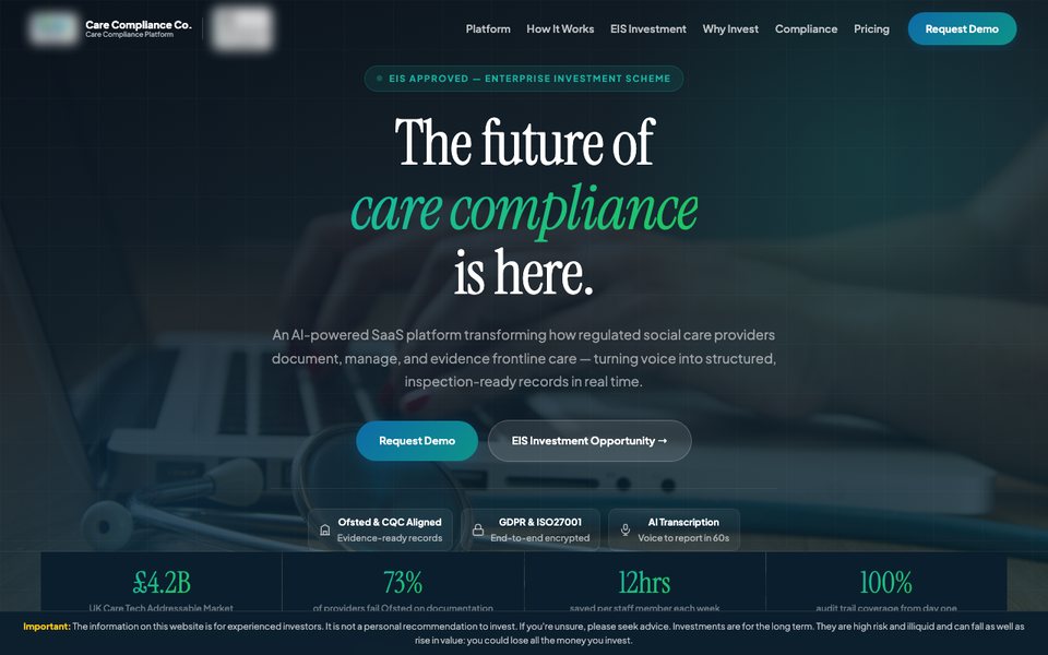 AI Compliance Platform for Care Providers web screen