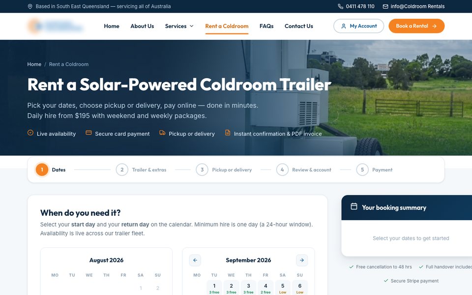 Solar Cold-Room Trailer Rental & Booking web screen