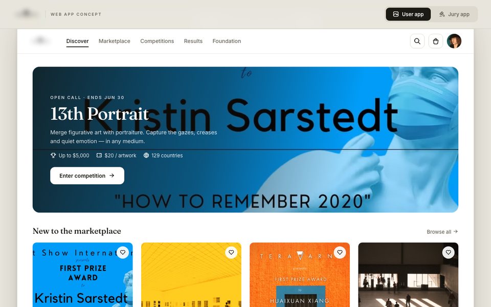 Juried Art Competitions, Grants & Marketplace Platform web screen
